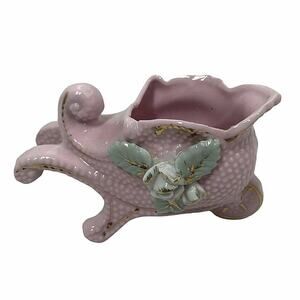 Empress Pink Shell Floral Wheelbarrow Planter Figurine Japan Vintage Shelf Decor